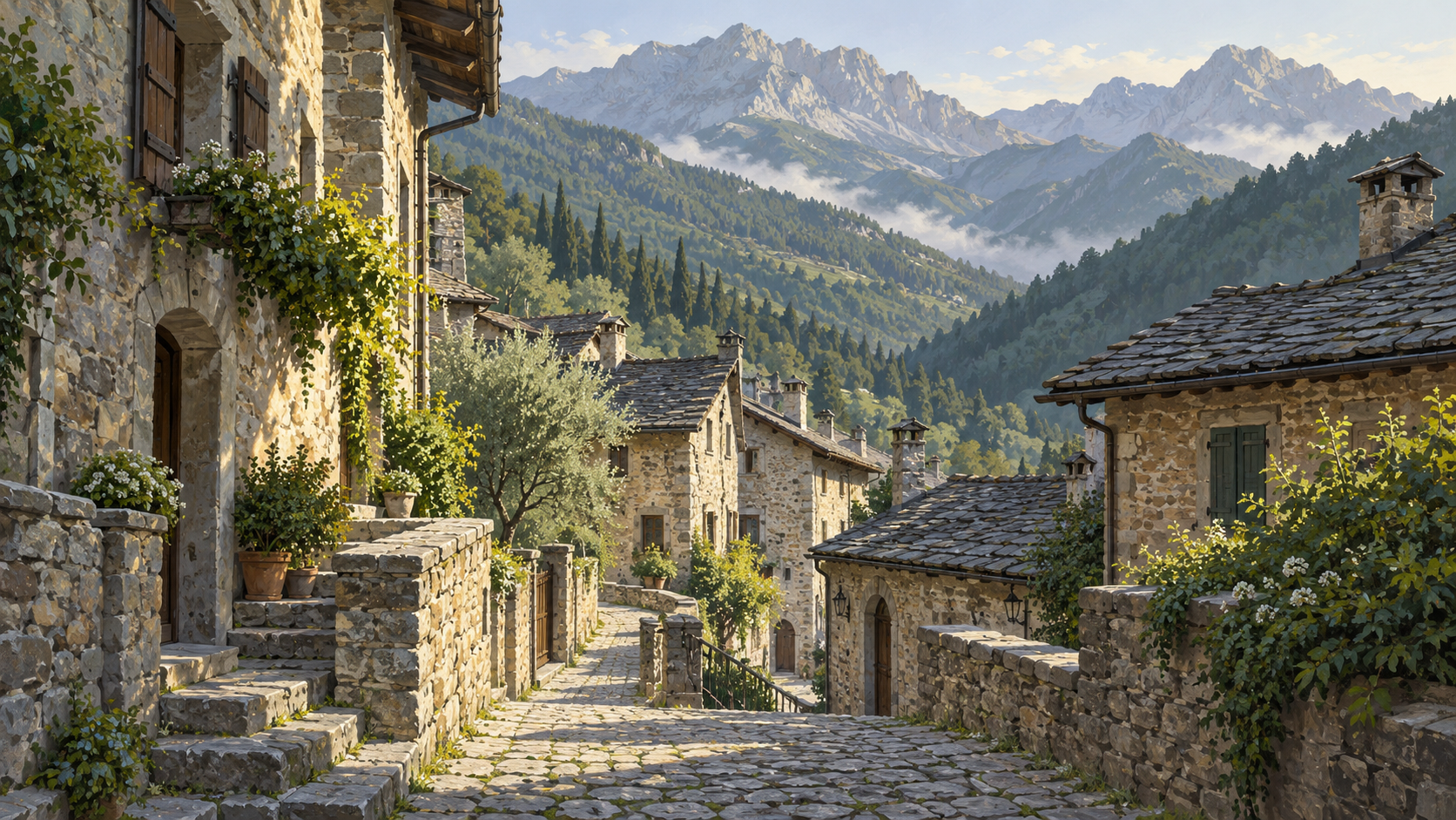 Illustrazione digitale di un borgo alpino immaginario