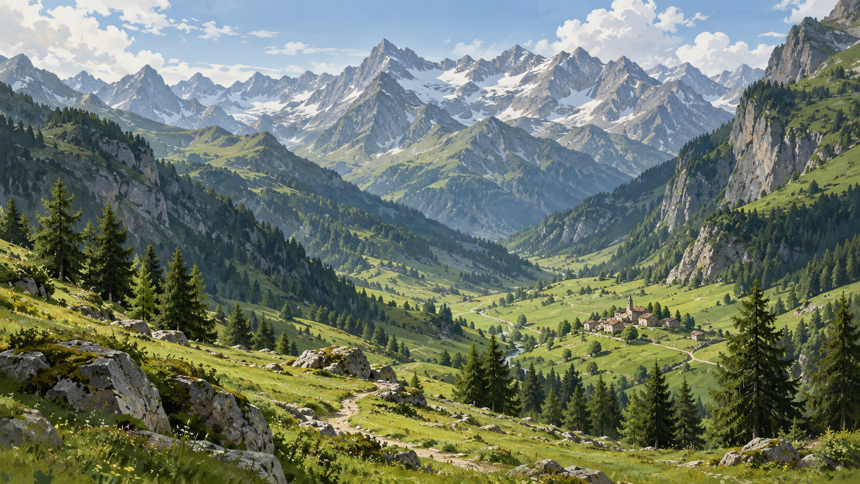 Illustrazione digitale di una valle alpina immaginaria