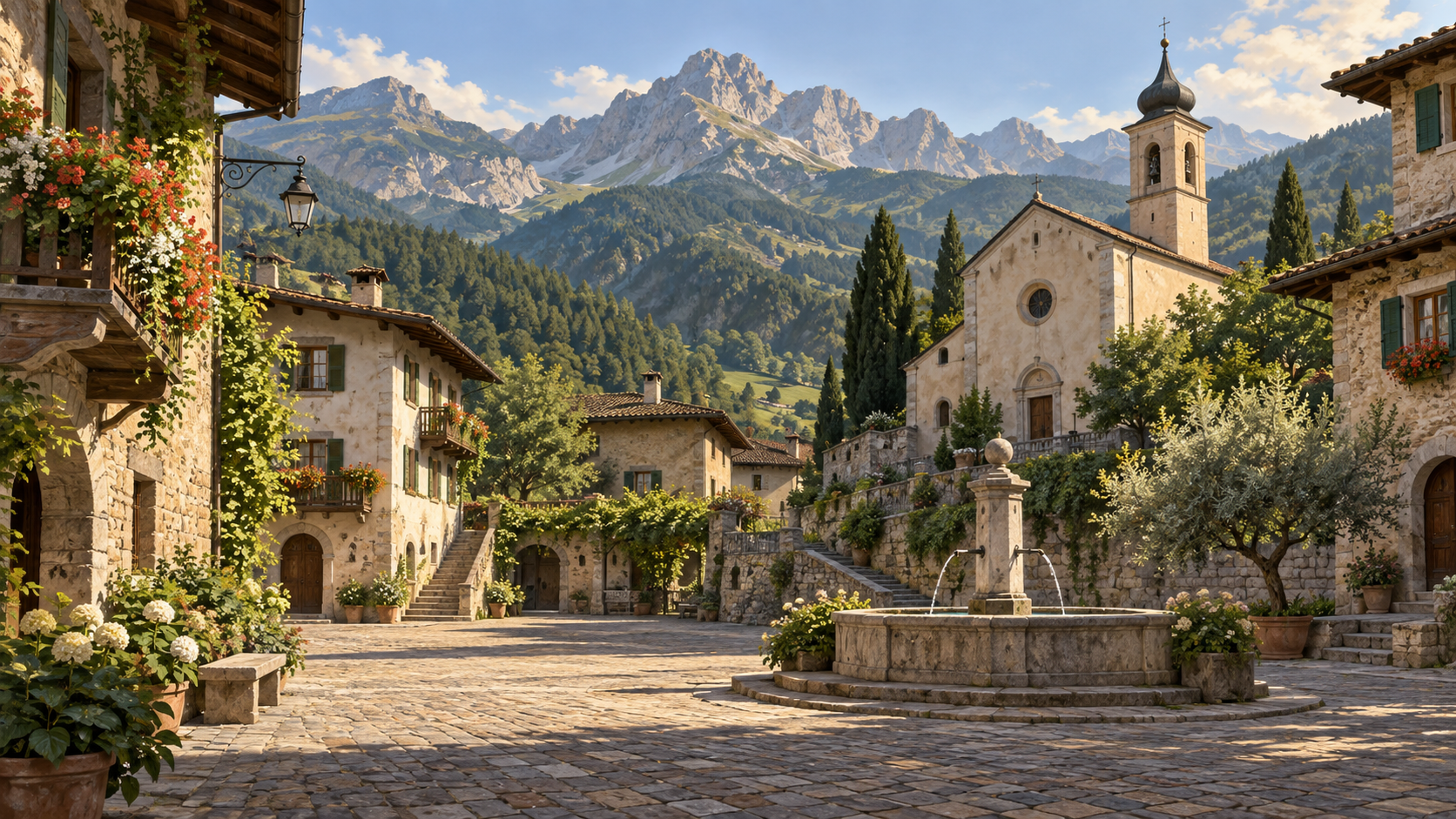 Illustrazione digitale di una piazza alpina immaginaria